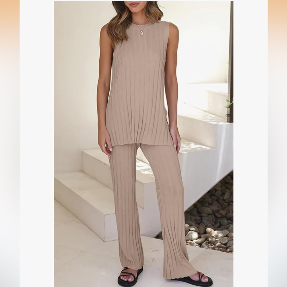 Wide Leg Ribbed Lounge Pants Set - Beige